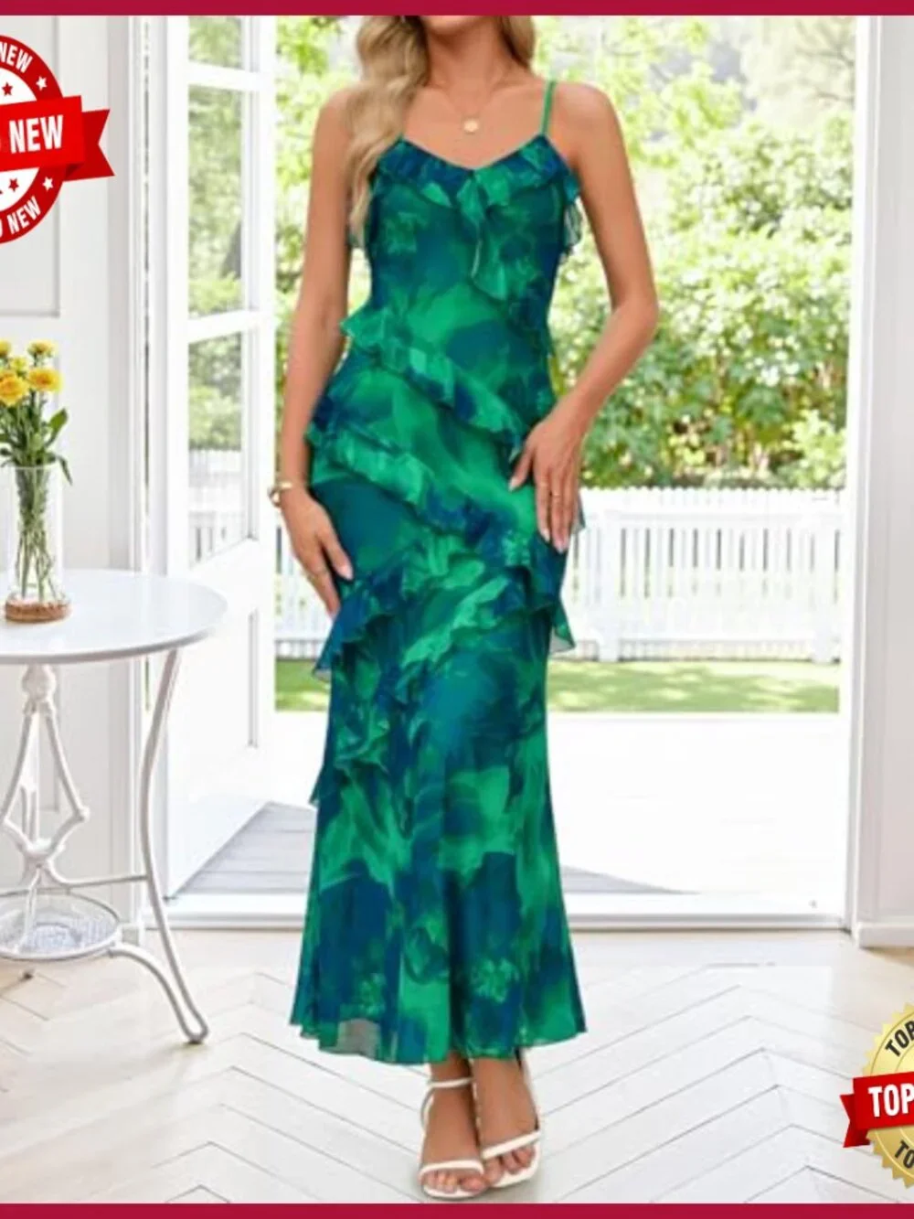 Floral Maxi Dress Formal Bodycon Spaghetti Strap Ruffle Cocktail Wedding Guest - Picture 2 of 7